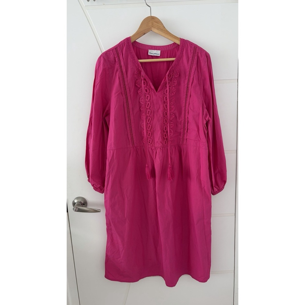 Tommy Bahama Salina Key Poplin Split Neck Dress Pink Boho Beach Resort Large
